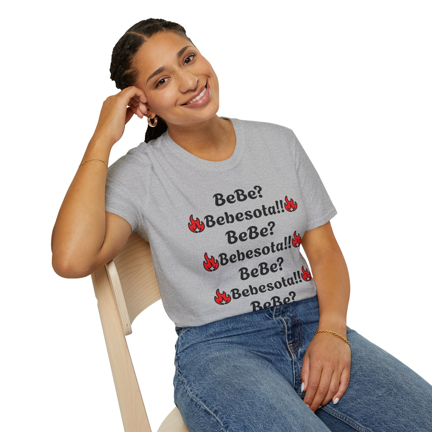 Model wearing grey "Bebe? Bebesota!!" Shirt