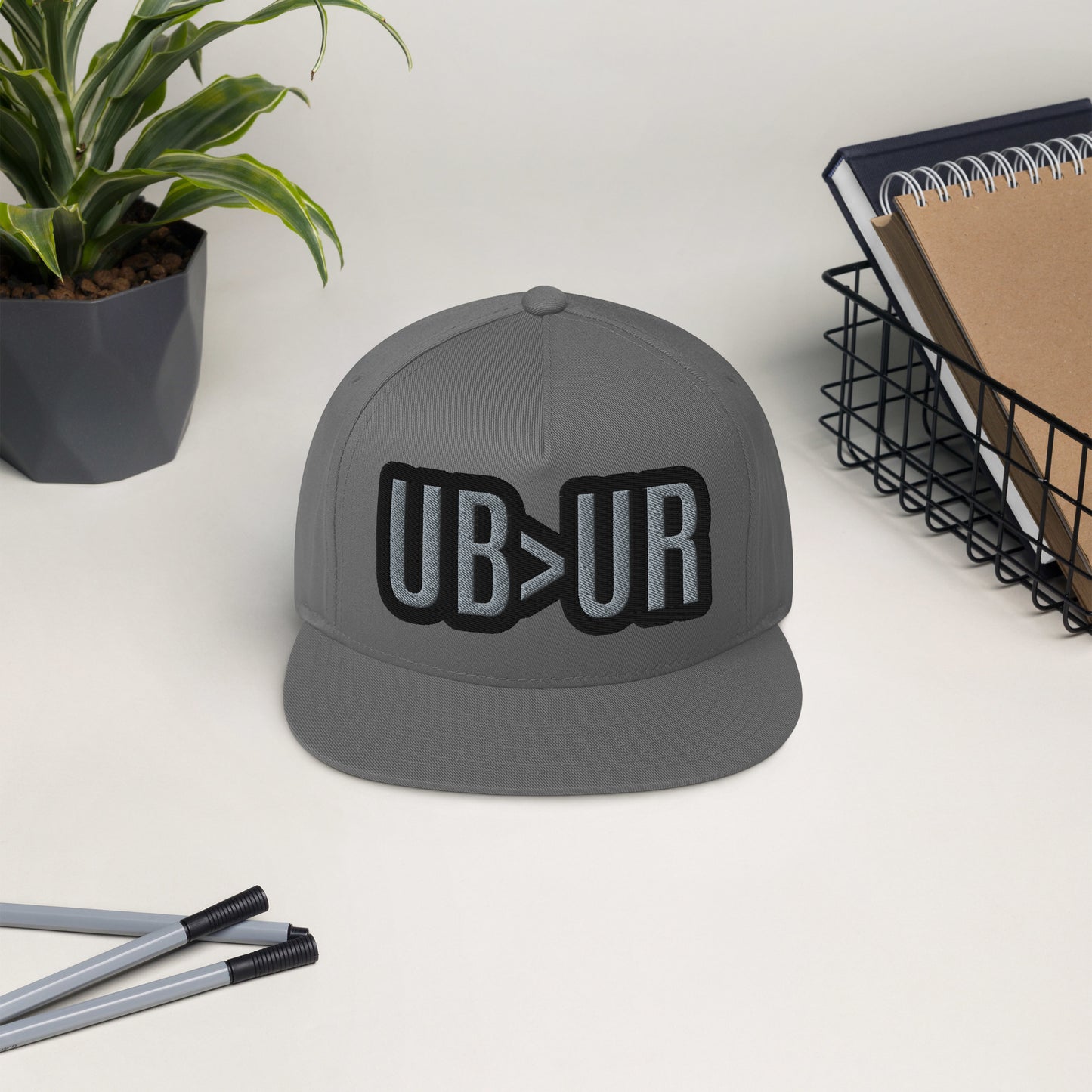 UB>UR-Flat Bill Cap with black n gray lettering